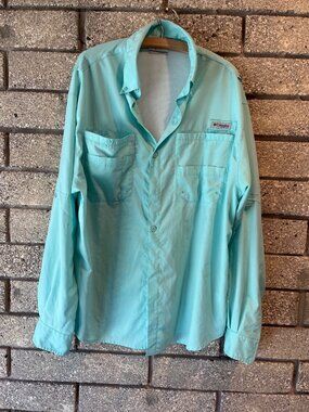 Columbia PFG Long Sleeve Fishing Shirt L Aqua Blue Vented Lightweight Nylon